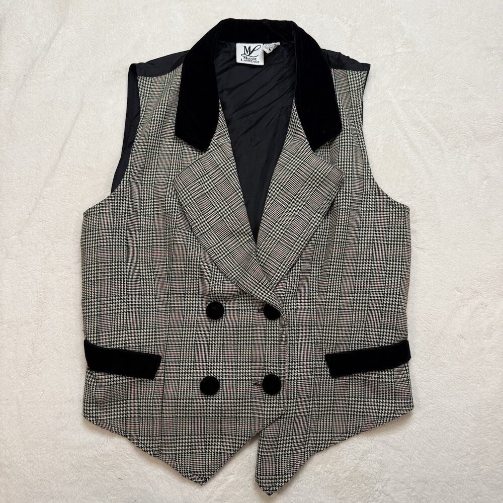 Vintage Plaid Vest 90s Preppy Women’s Large Made In USA Velvet Trim Buttons